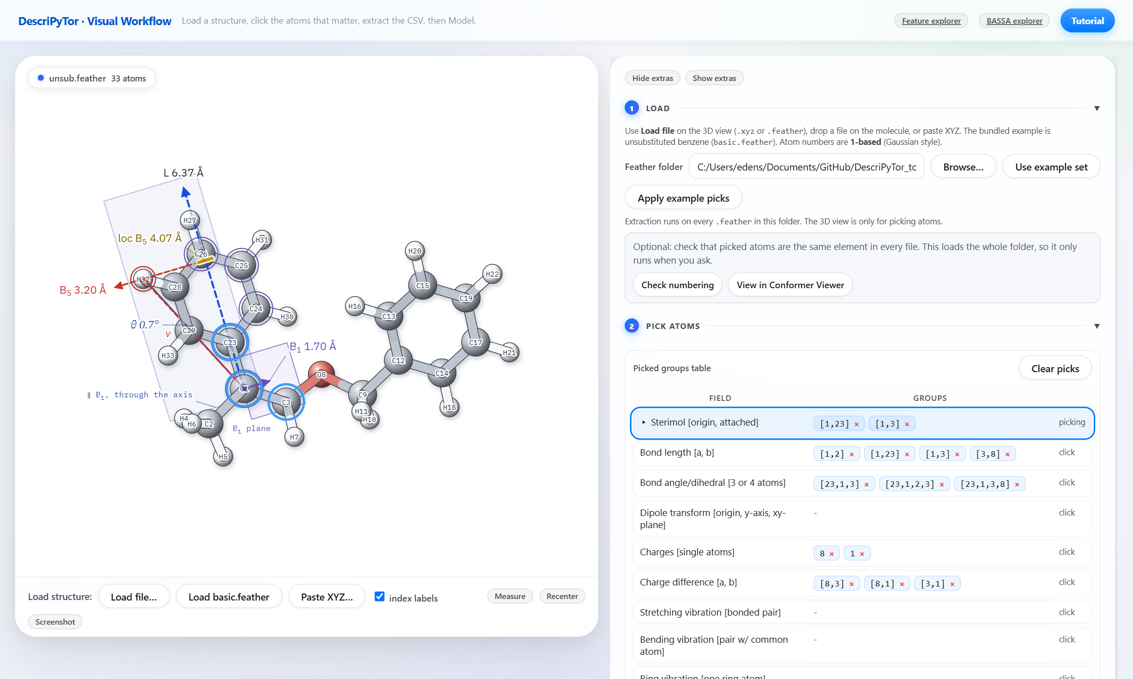 The visual extractor: on the left a molecule with a Sterimol axis, B1, B5, L, loc B5 and theta drawn on it; on the right the list of descriptor fields with the picked atom groups.
