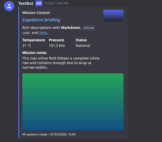 Rich embed with Markdown, inline fields, thumbnail, image and timestamped footer