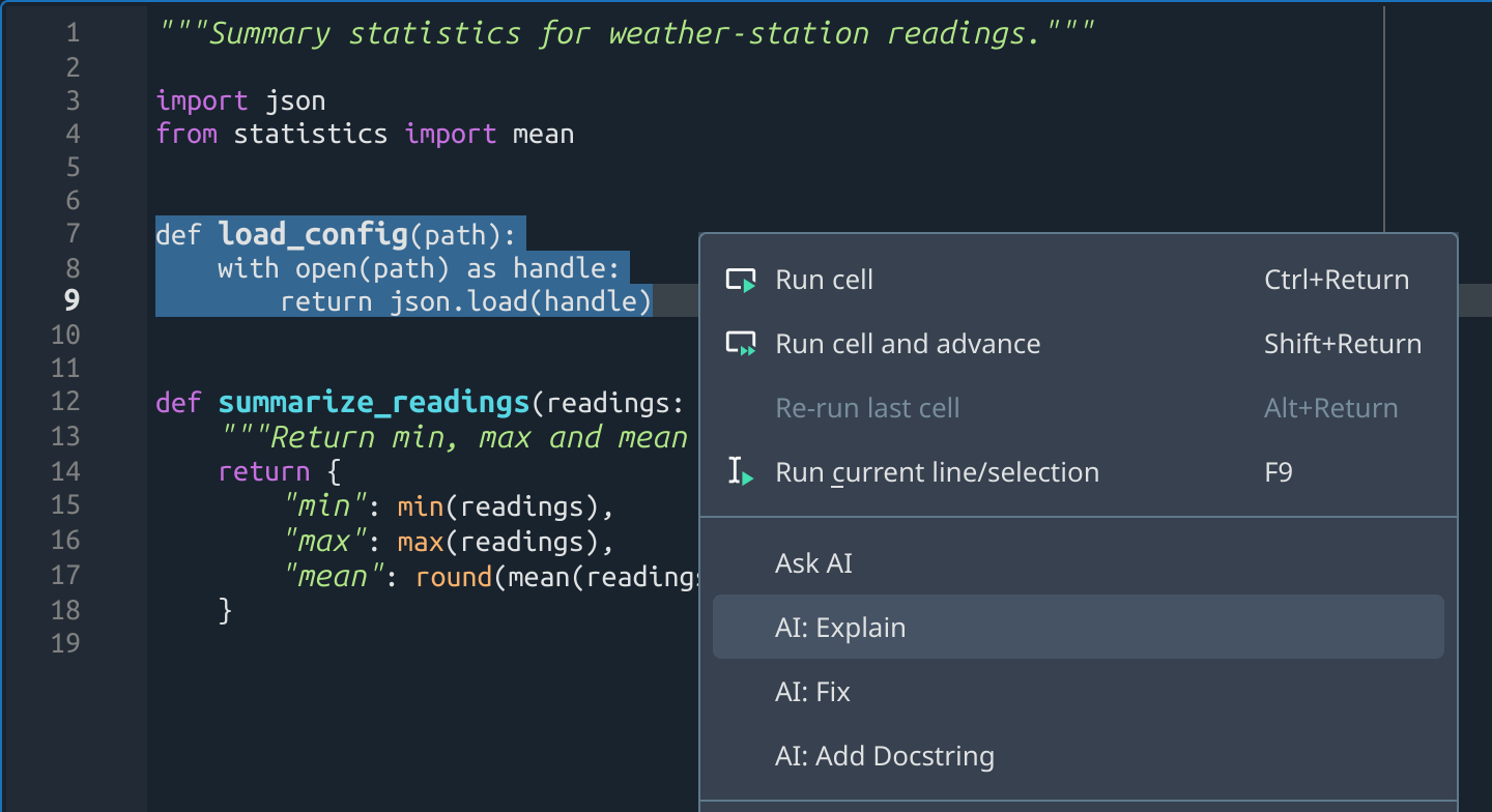Editor context menu with Ask AI, AI: Explain, AI: Fix and AI: Add Docstring