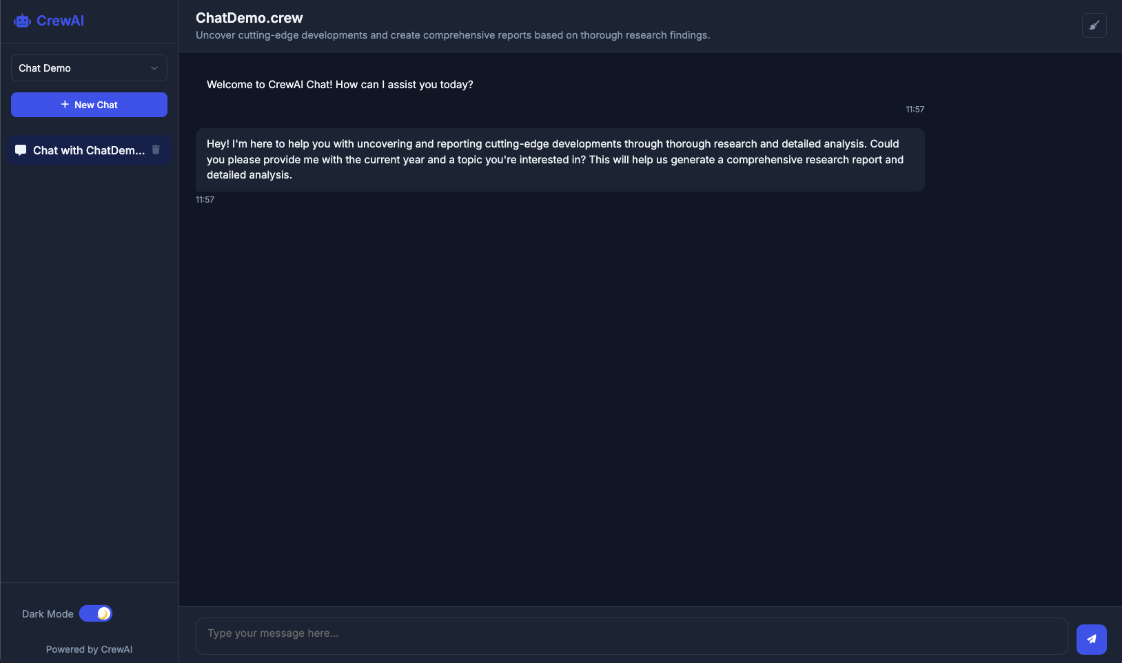 CrewAI Chat UI Screenshot dark mode
