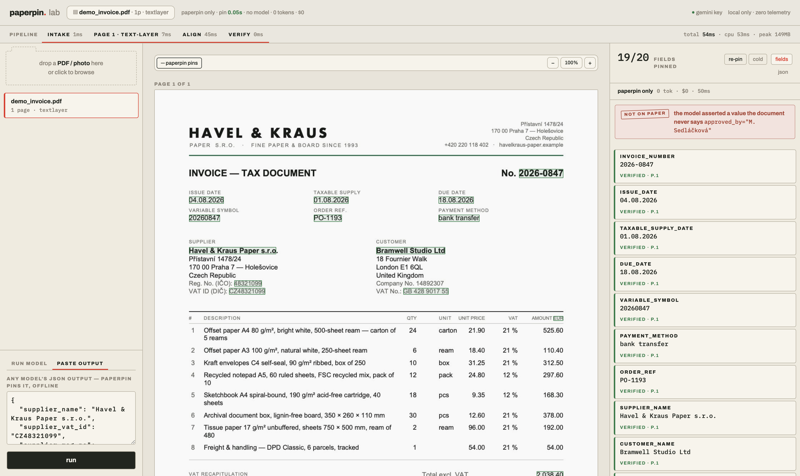 paperpin Lab: a synthetic invoice with every extracted value boxed on the page, 19/20 fields pinned, and a NOT ON PAPER warning for the one the model invented