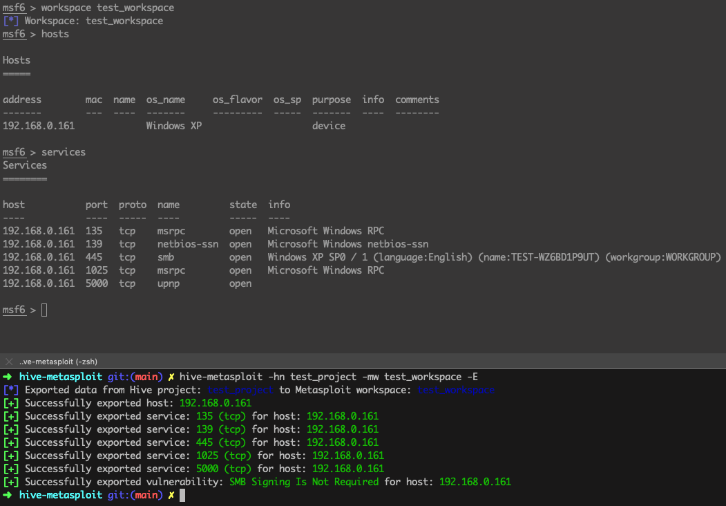 Export data from Hive project to Metasploit workspace