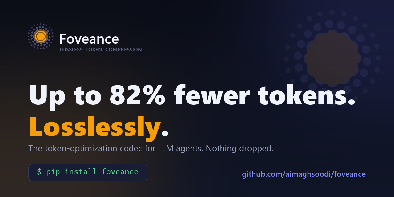Foveance — the token-optimization codec for LLM agents. Cut input tokens up to 82%, losslessly.