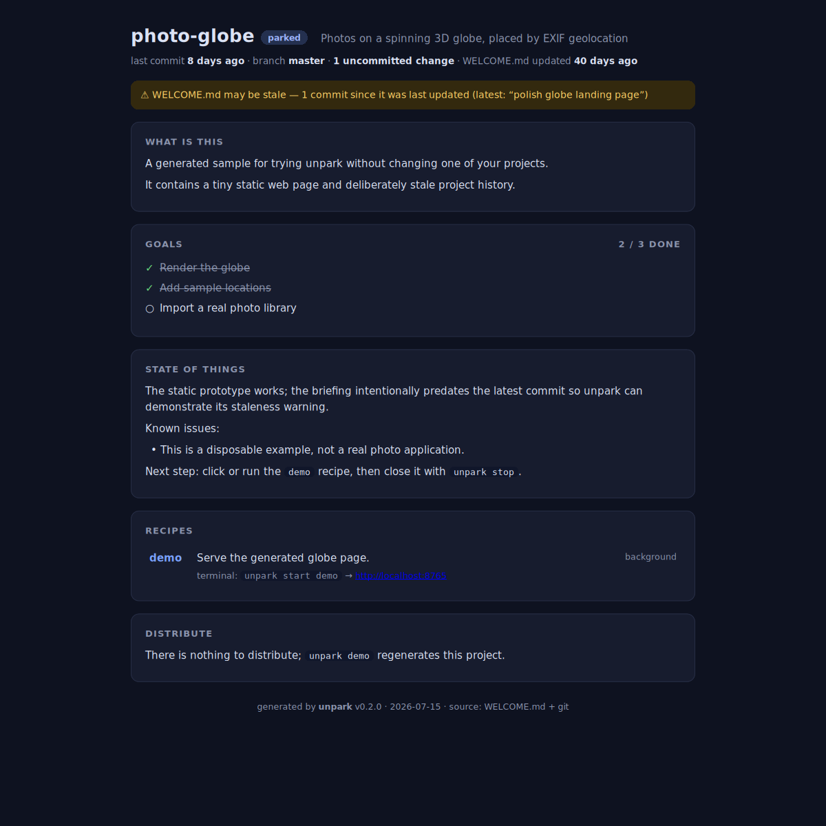 The dashboard from unpark demo --html