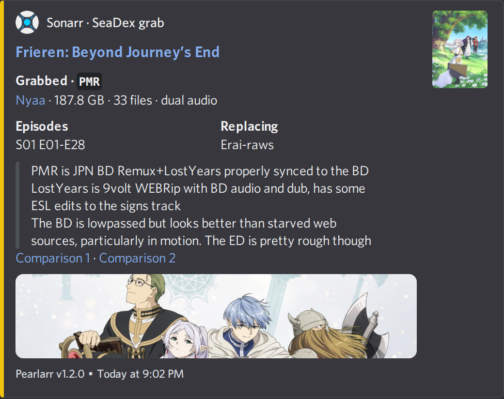 A Pearlarr grab notification in Discord: the release, its tracker, size, and audio, the episodes covered, the group being replaced, and SeaDex's notes