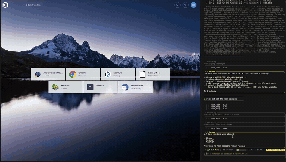Demo: Hermes Agent runs three Kasm sessions in parallel with kasm-use (Chrome, Terminal, Minetest) while the dashboard shows them live