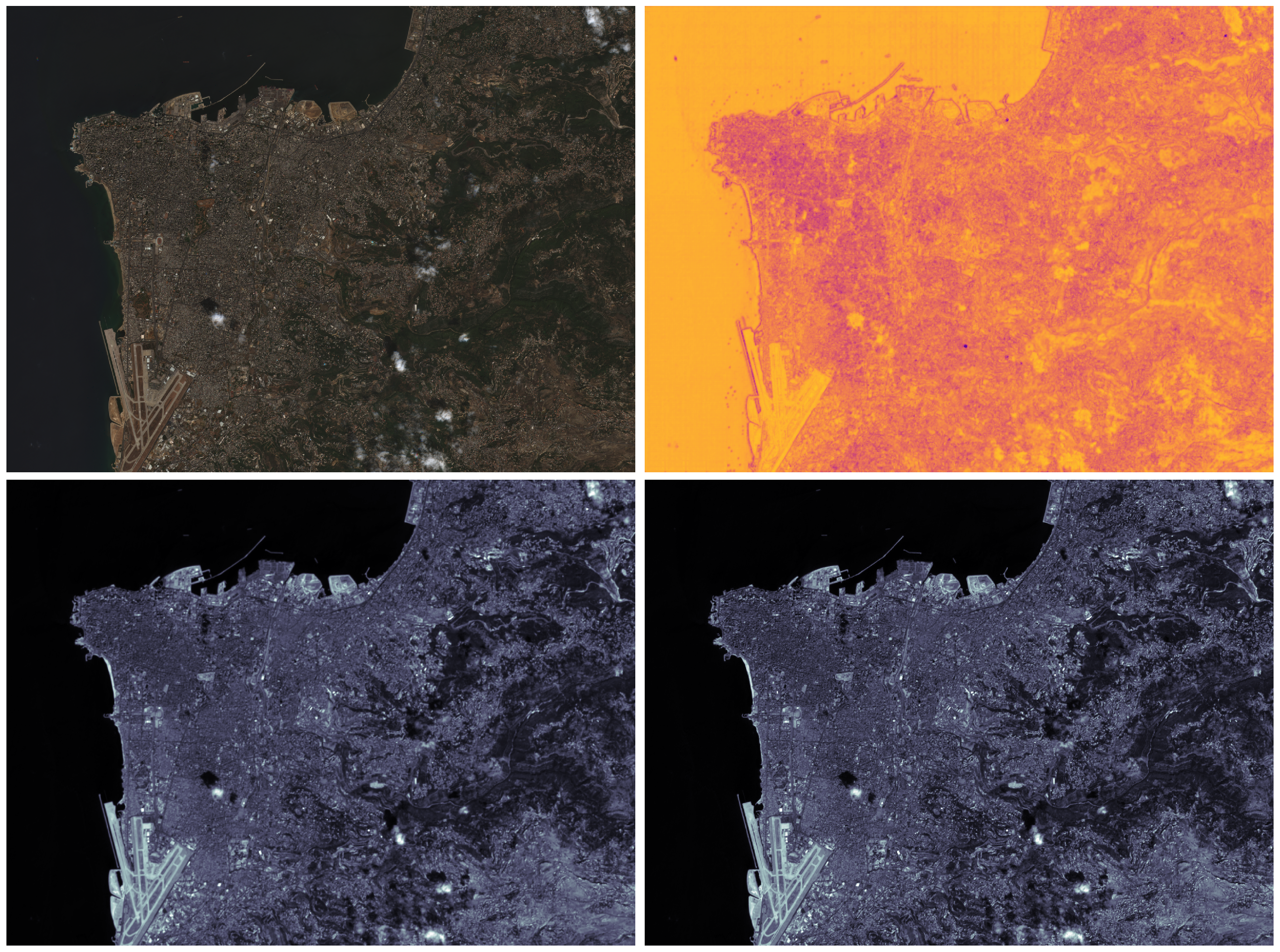 Super-sampled band 12. TOPLEFT: RGB, TOPRIGHT: CONFIDENCE, BOTLEFT: UNSHARP, BOTRIGHT:SHARP