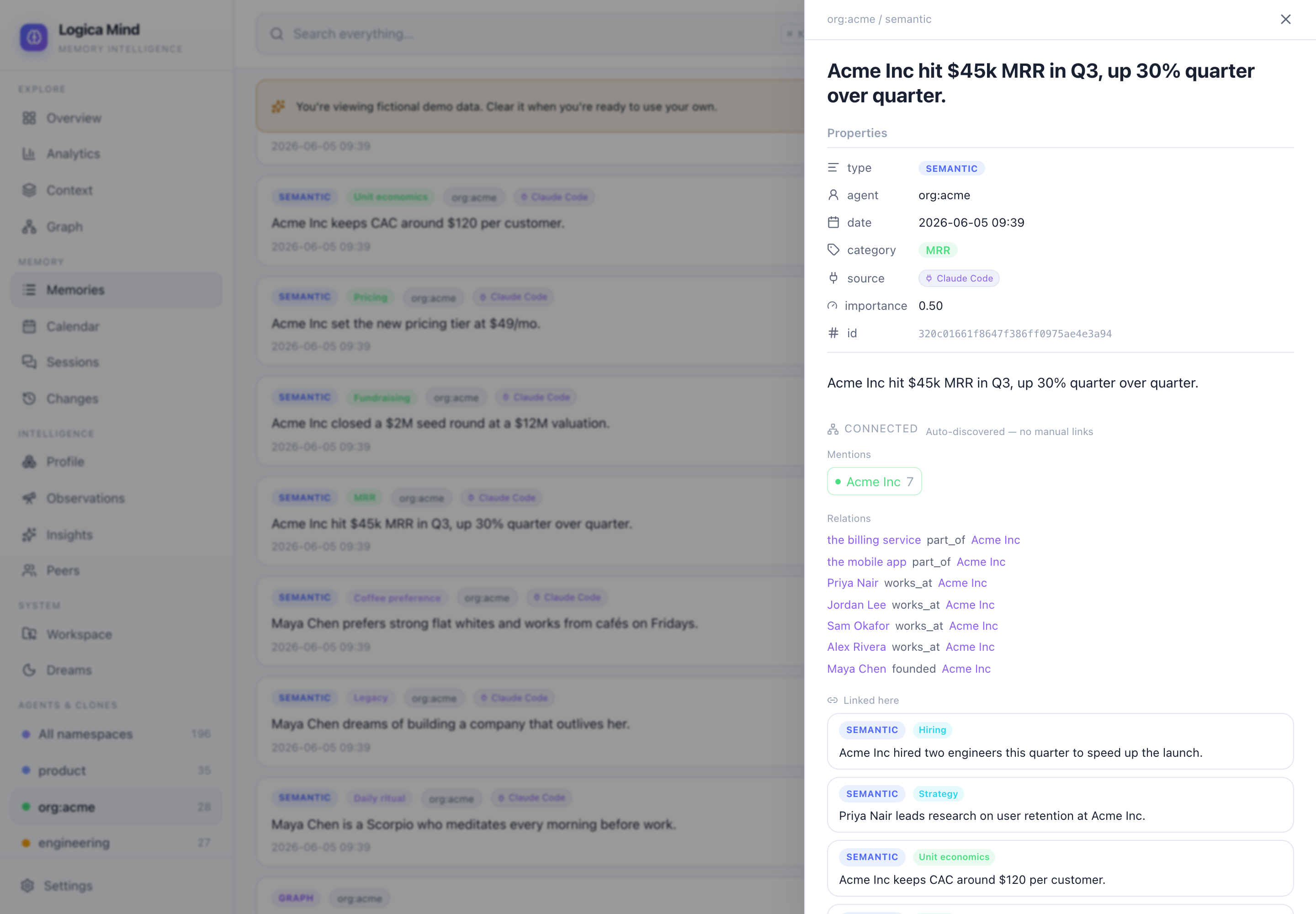 The Connected panel — auto-derived backlinks for a memory: mentions, typed relations, and other notes that link here
