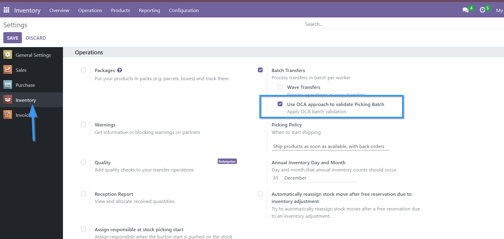 Picking batch configuration settings