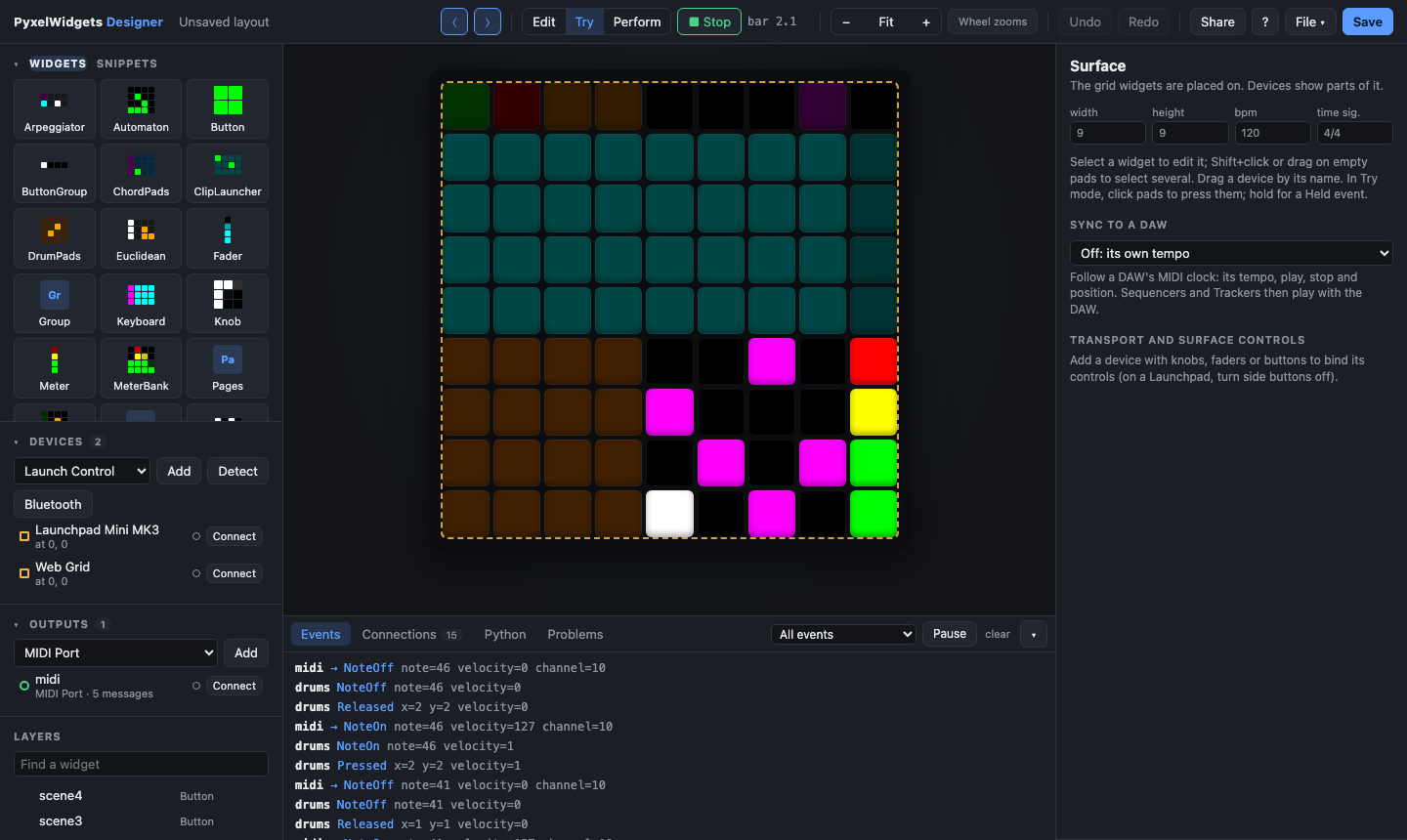 The PyxelWidgets designer playing the performance template: clip launcher, drum pads, a beat sequencer and a meter