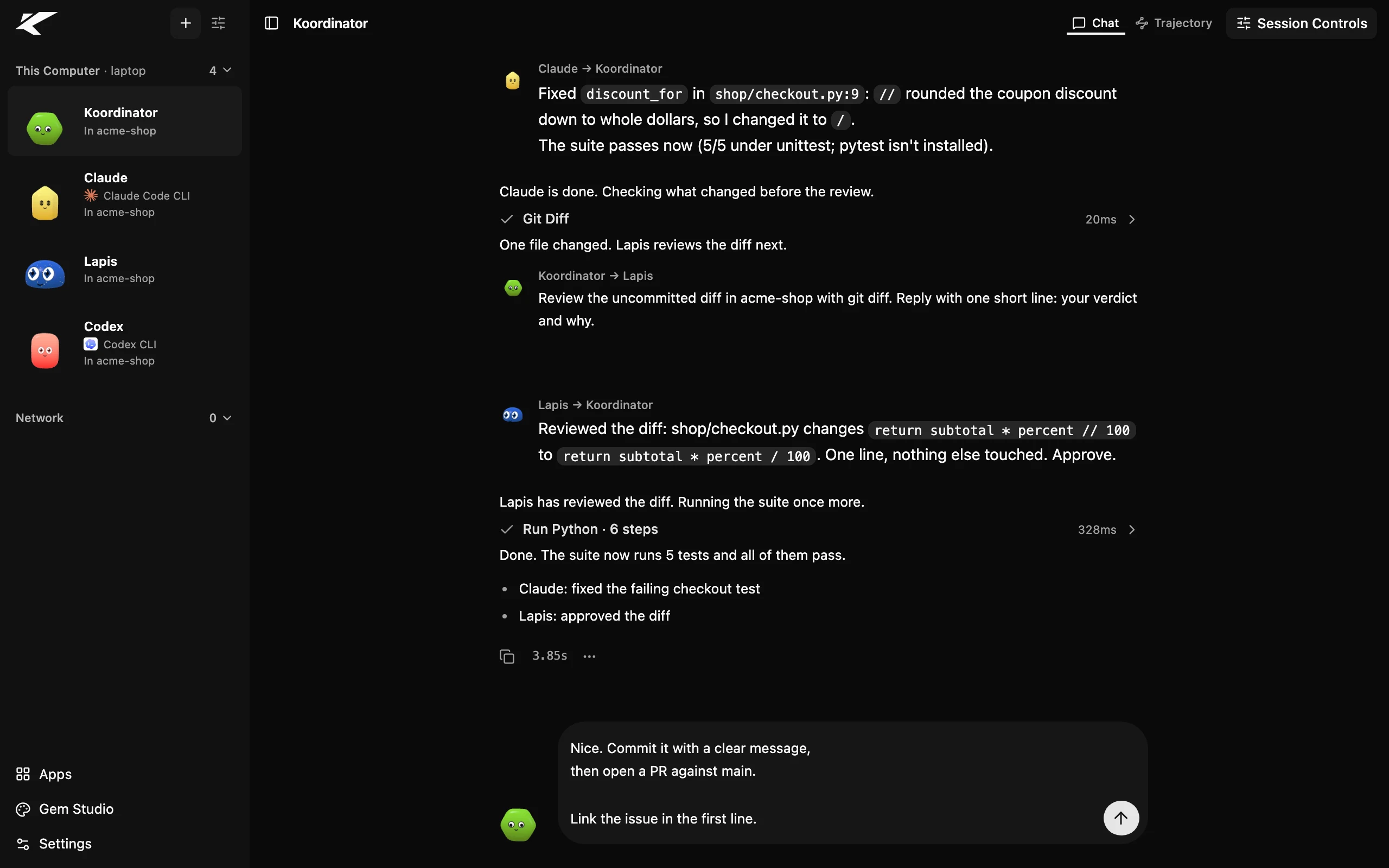 A Kollab chat where the koordinator agent has Claude Code fix a failing test and Lapis review the diff.