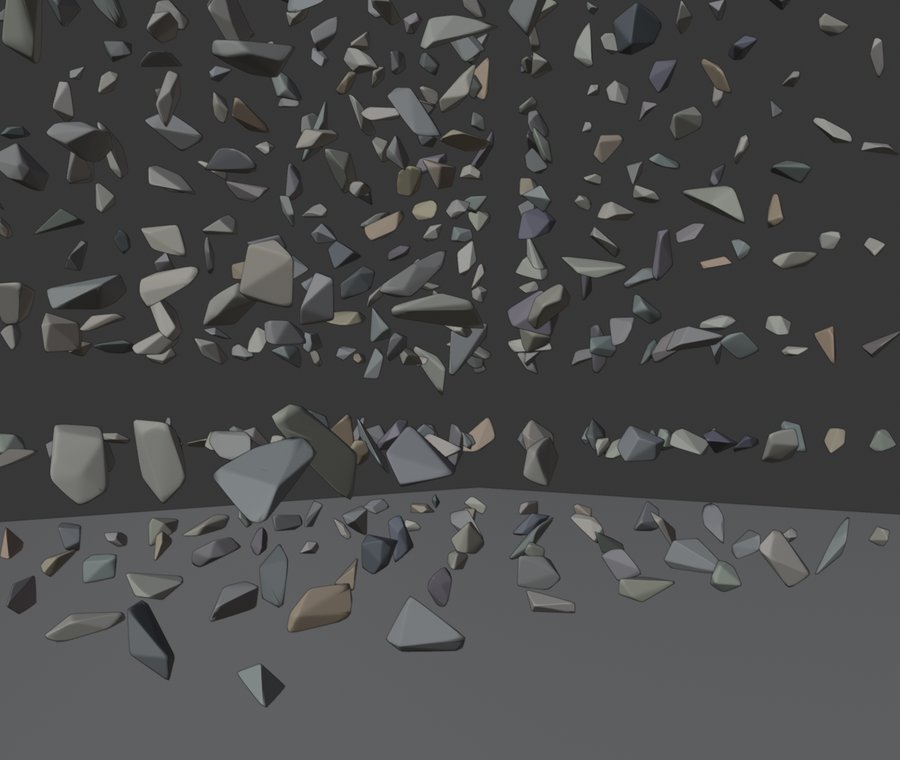 Crushed gravel grains imported into Blender, falling onto the floor under rigid-body physics