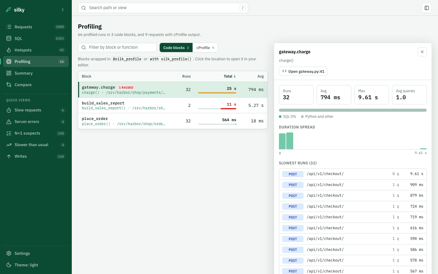 Profiling page with a code block open