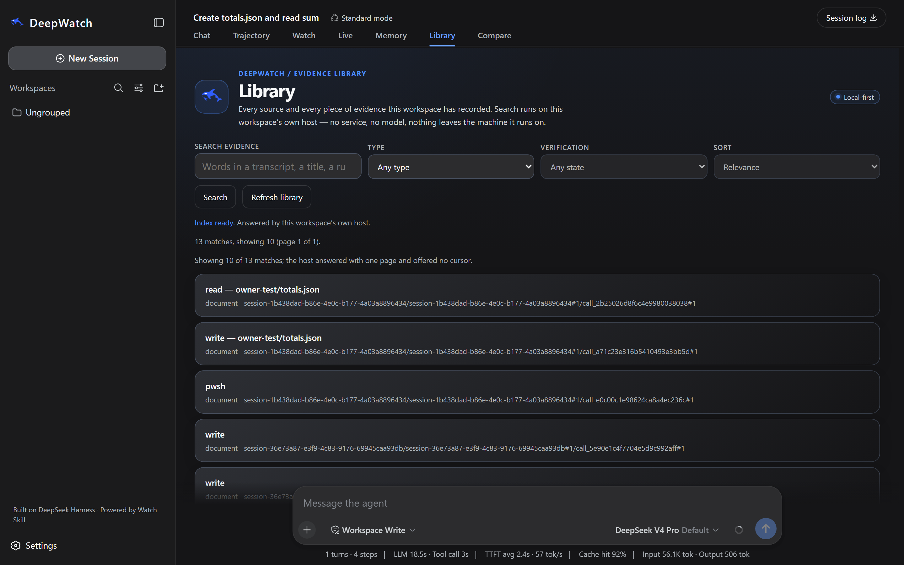 The Library screen showing matches with rows for read and write on workspace-relative paths and a pwsh call. A notice reads 'Index ready. Answered by this workspace's own host', and the page is marked Local-first.