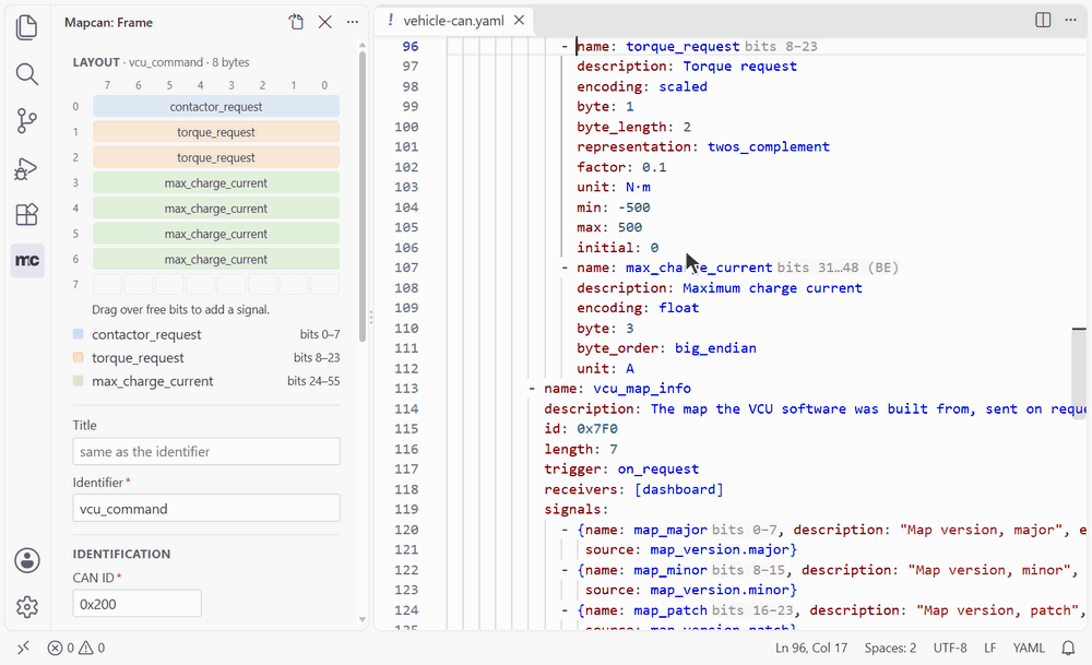 VS Code: a signal drawn on free bits of the layout appears in the YAML, gets a name and an encoding, is made longer by its edge, and dragged over another signal the overlap is marked at once
