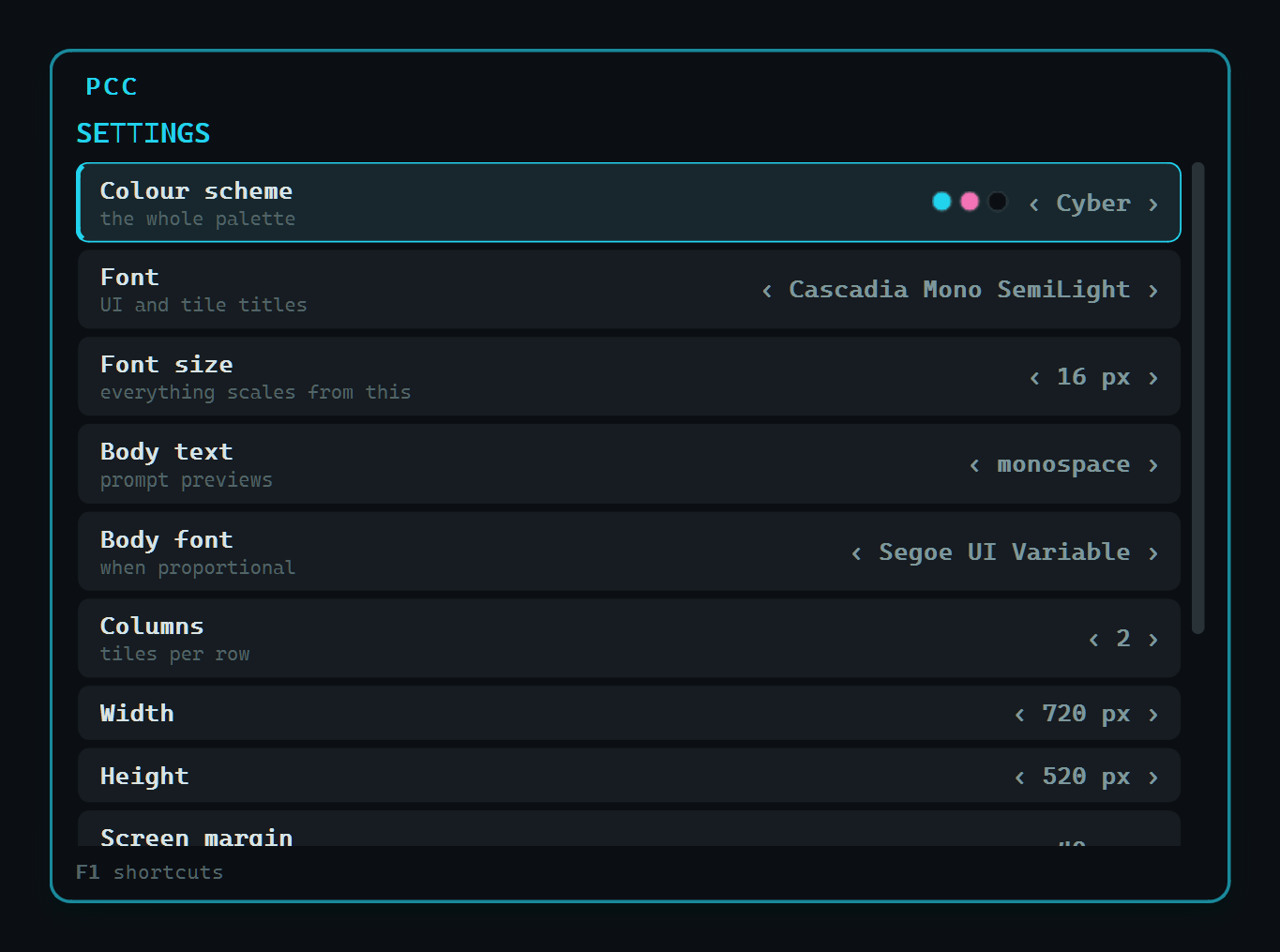 The settings panel: colour scheme, font, size, columns, window dimensions.