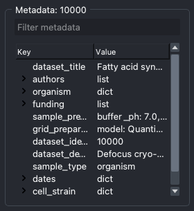 Metadata of dataset 10000 shown as an interactive tree of keys and values