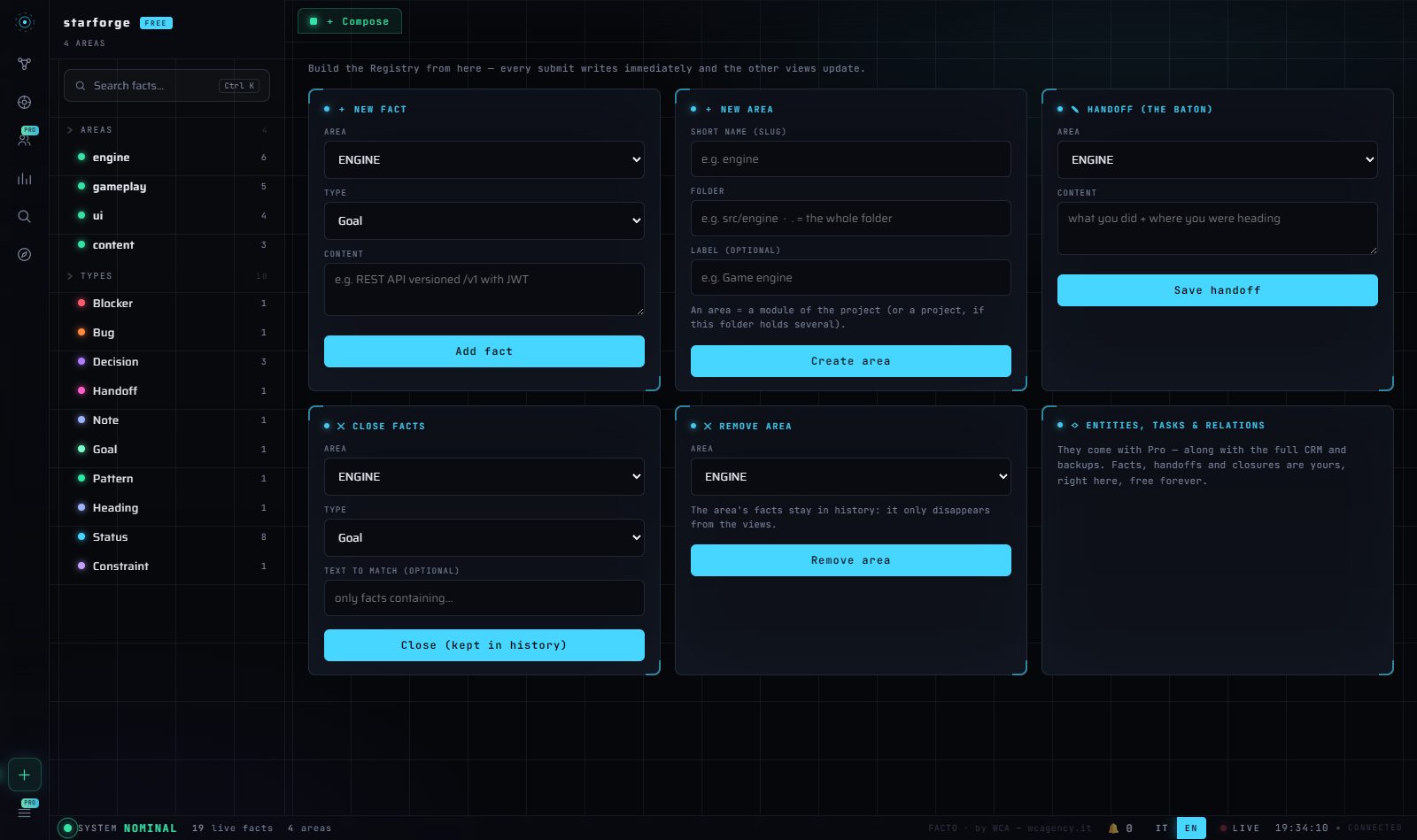 Compose — write facts, handoffs and areas from the browser.