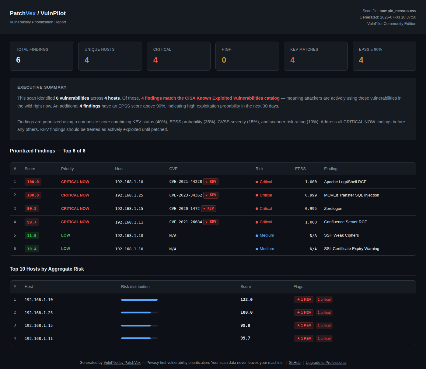 VulnPilot self-contained HTML report with summary cards, executive summary, and a prioritized findings table