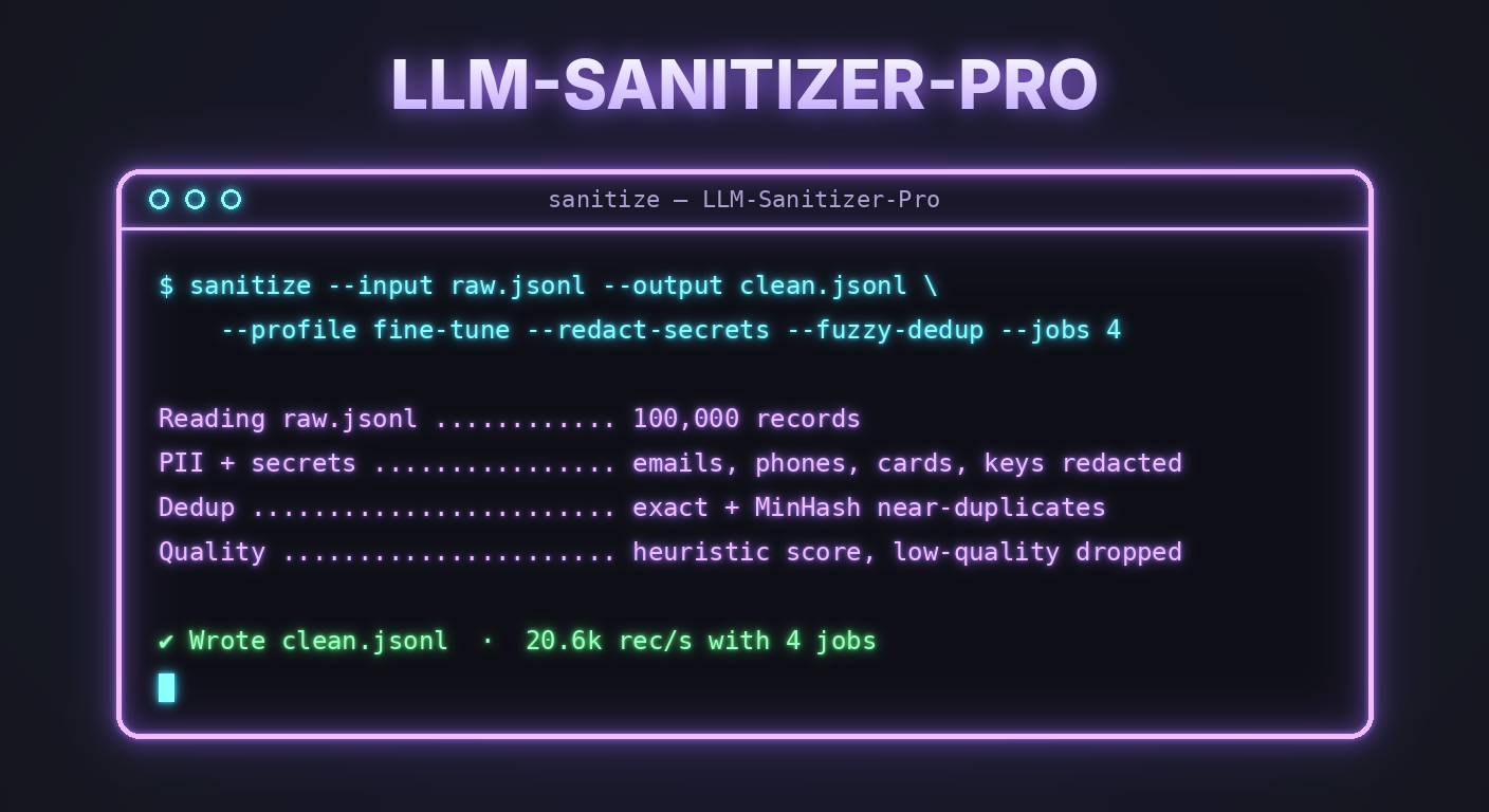A sanitize run with the fine-tune profile, secrets redaction, fuzzy dedup and 4 jobs