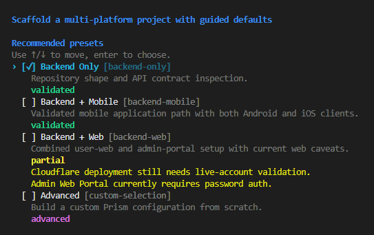 Prism guided project creation