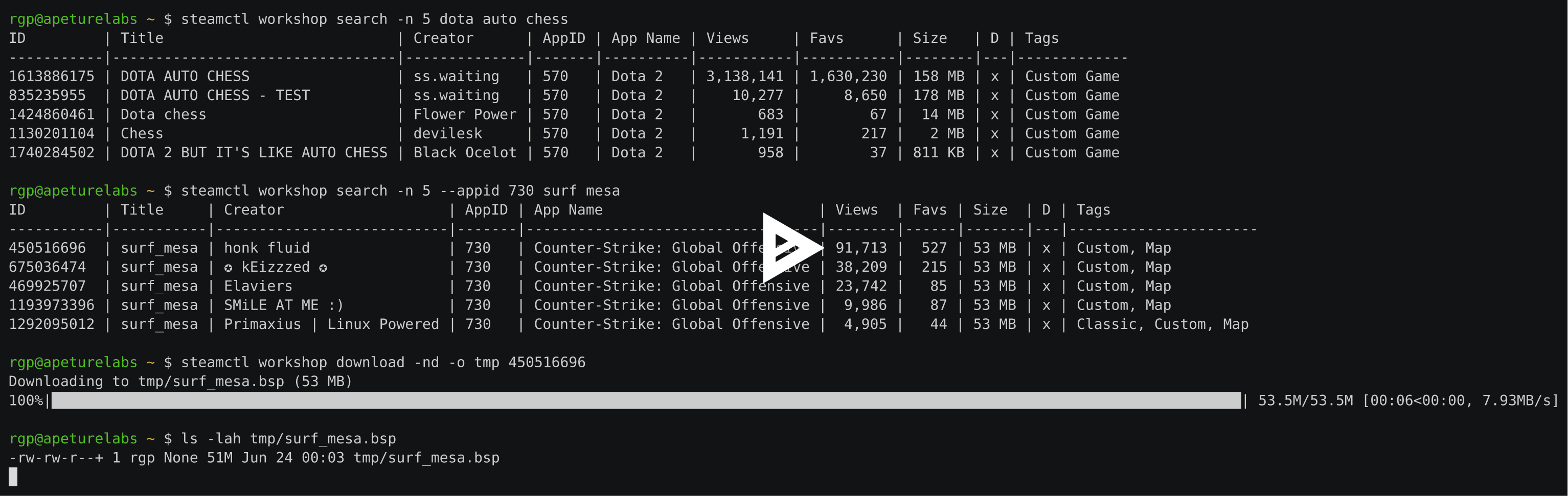 asciinema preview: steamctl workshop