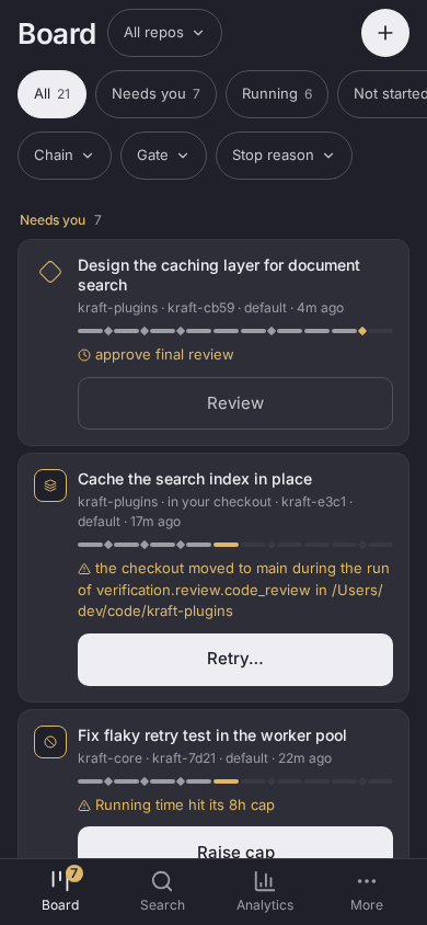 The board at a 390px phone viewport, with bottom tab navigation, status chips and Chain, Gate and Stop reason menus, and cards for an item at a gate whose Review button opens the review, and stopped items with Retry and Raise cap