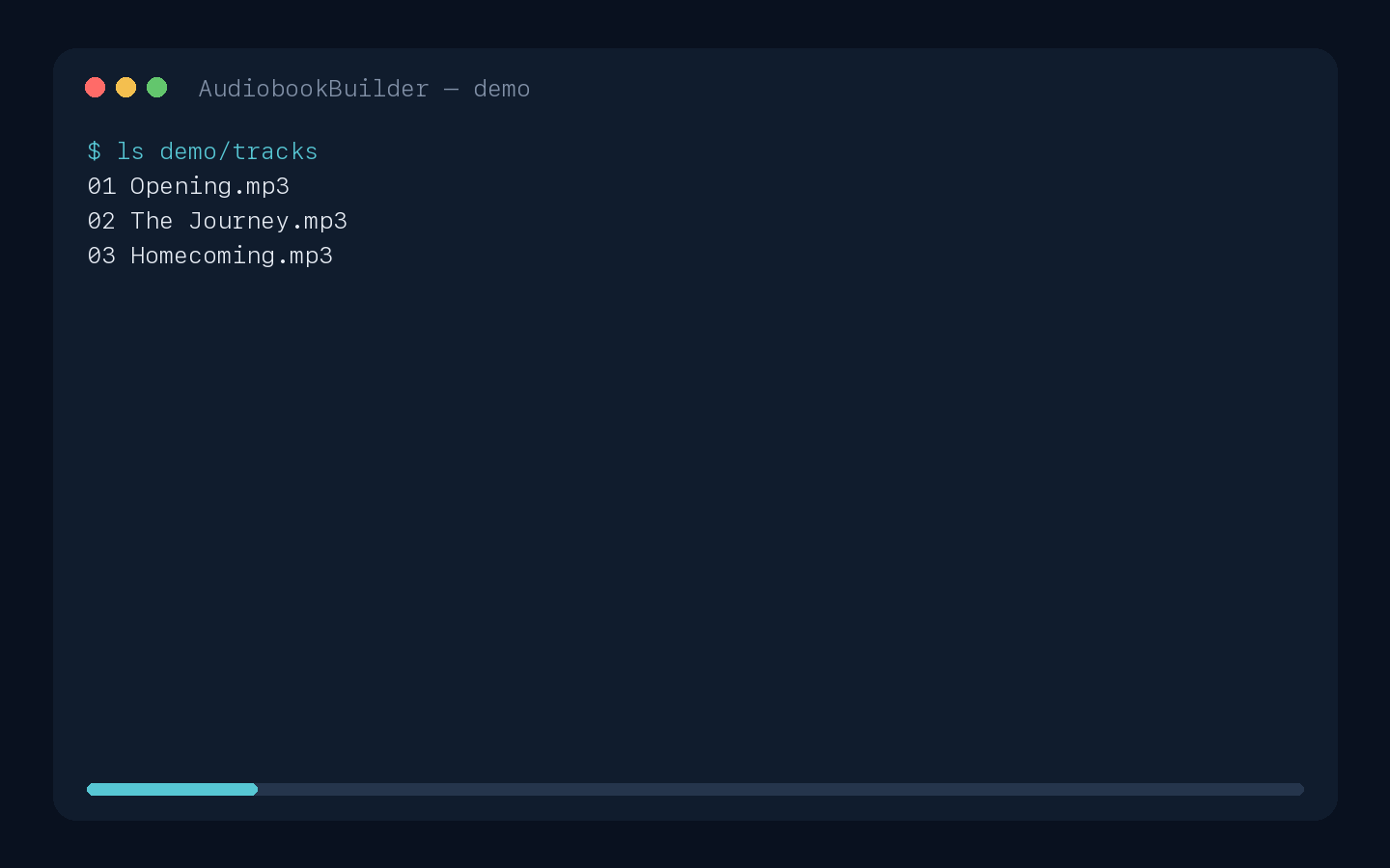 A real AudiobookBuilder terminal session converting three MP3 tracks into a chaptered M4B