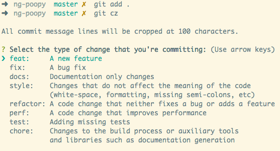 screenshot of summary of valid commitizen commits