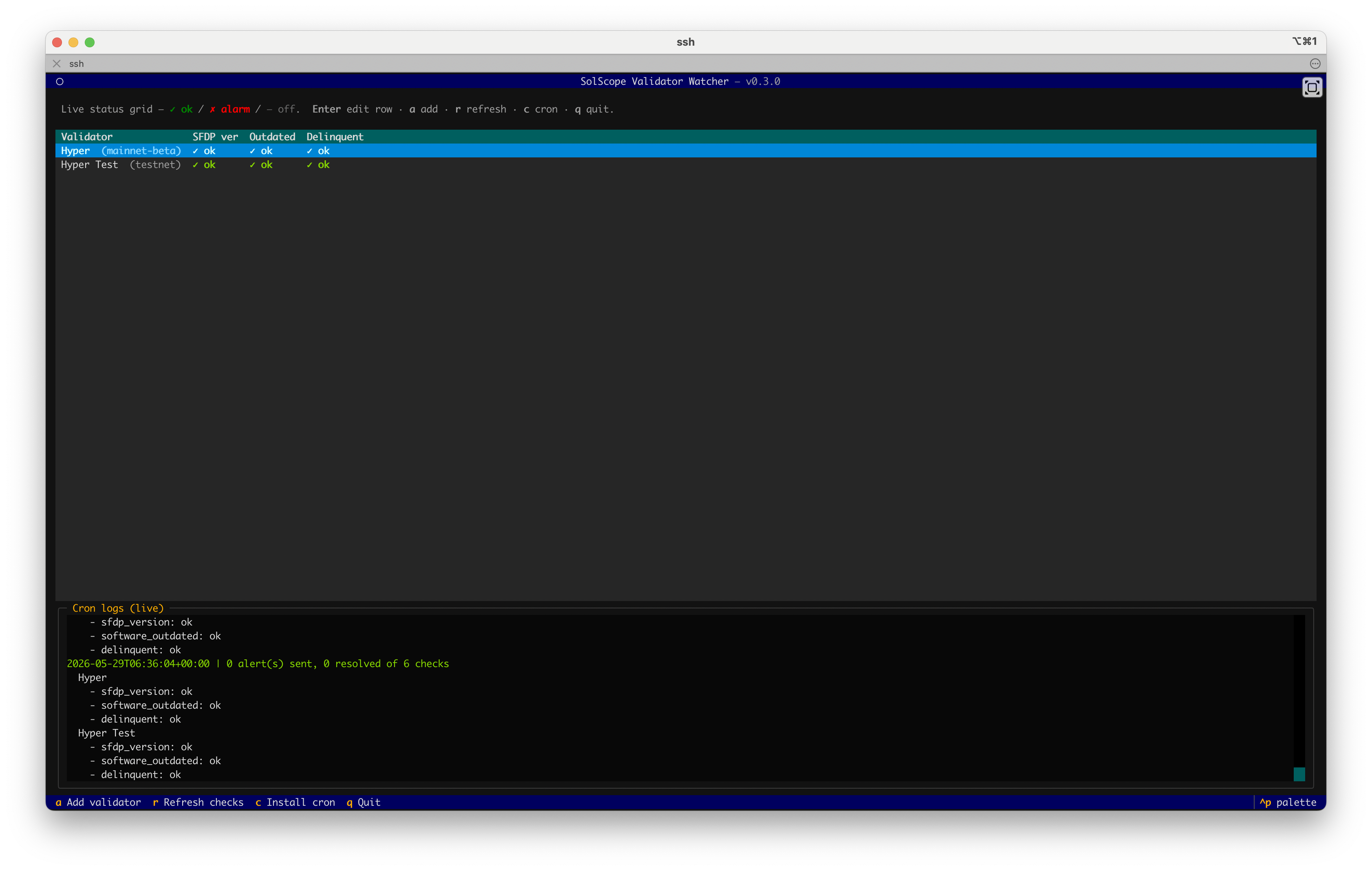 Dashboard: per-validator status grid with a live cron-log pane
