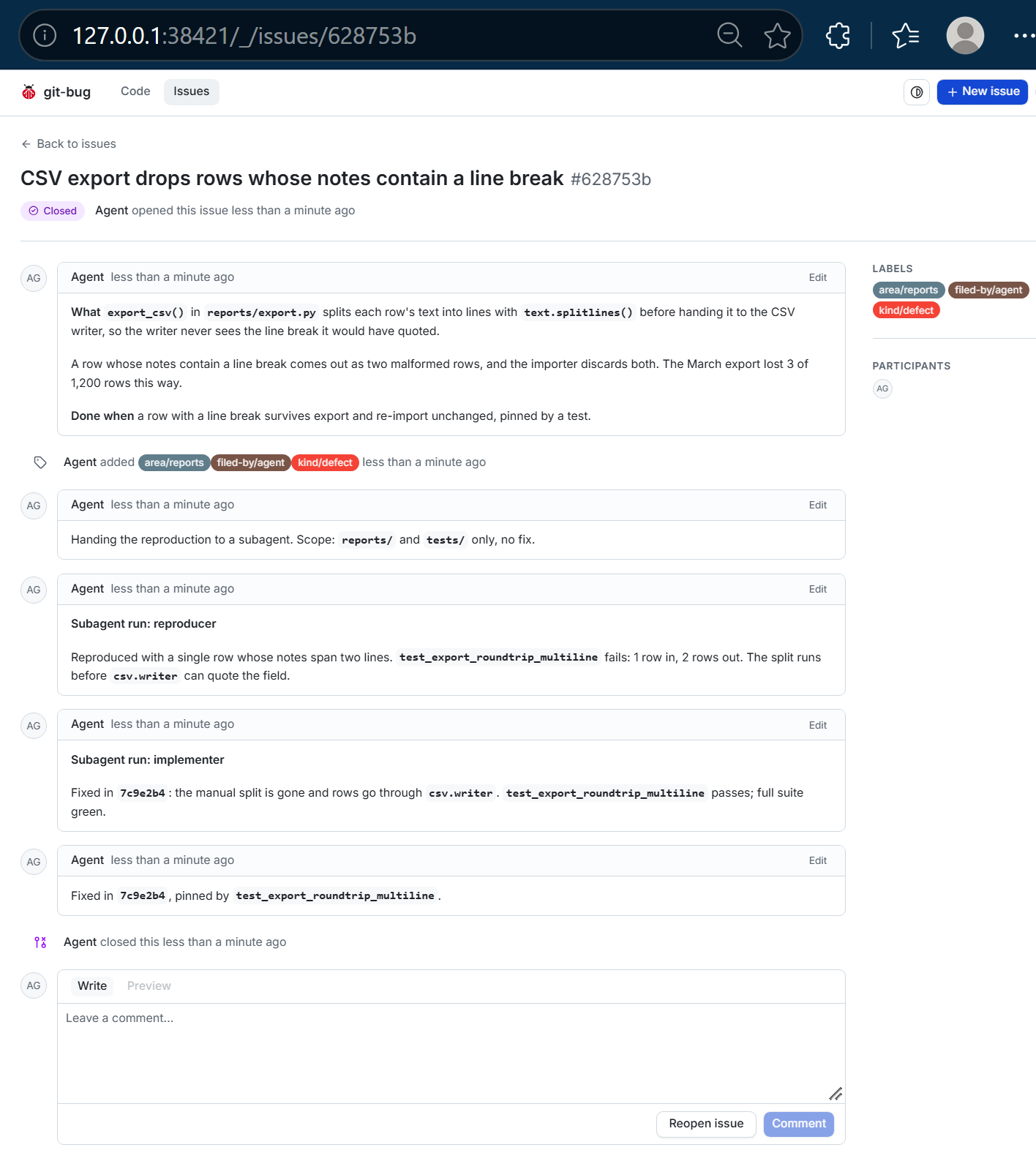 An issue filed, reproduced, fixed and closed by an agent and its subagents, seen in git-bug's web UI