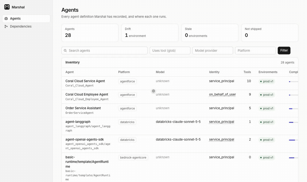 A walk through the Marshal web view: the inventory of 28 public agents, a Copilot Studio agent in drift whose tool was switched to the maker's credentials, a proposed change that adds a refund function, and the agents that share an Apex action
