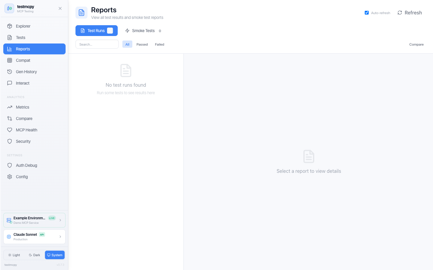 Reports — combined view of every test run, evaluator scores, and cost analysis