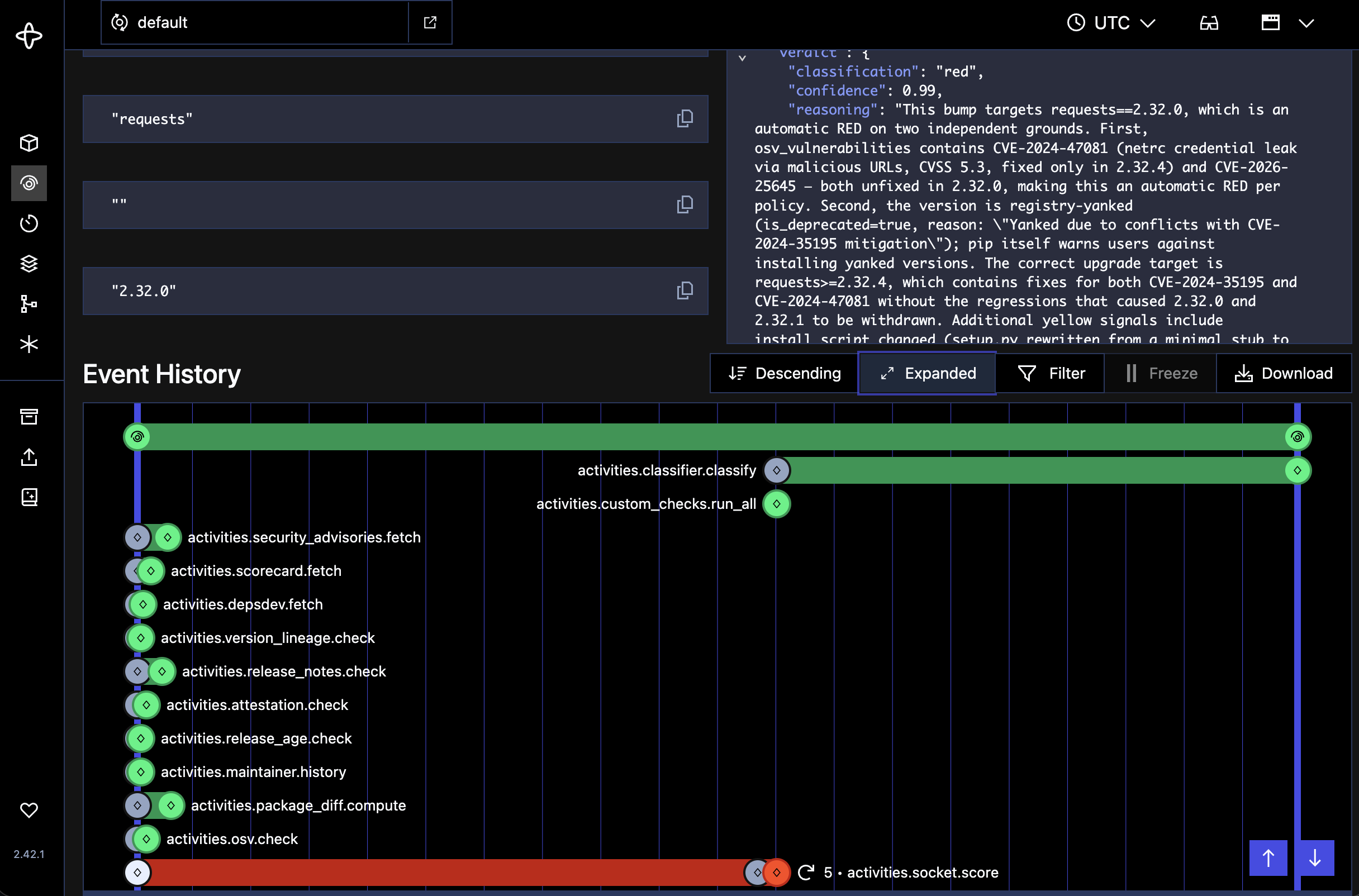 The Temporal UI shows each check as a discrete activity, and even if one call fails (such as Socket.dev in this case), the result returns anyway with the information it has
