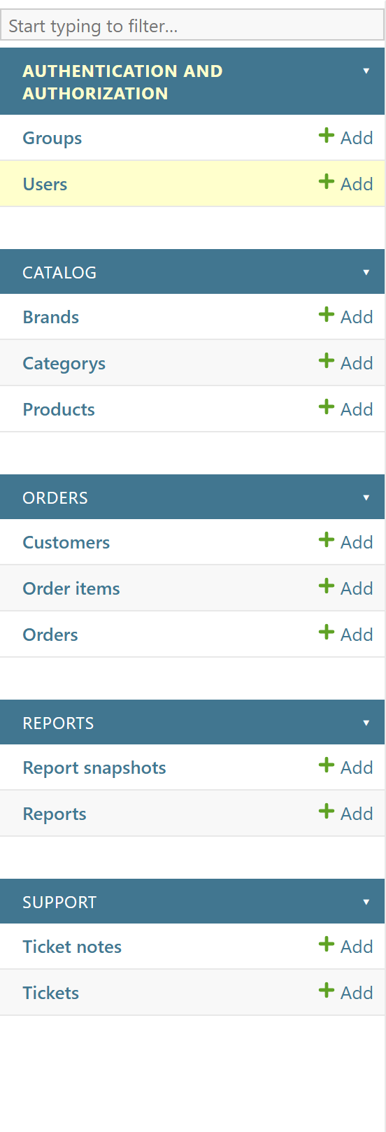 Admin sidebar with every app group expanded