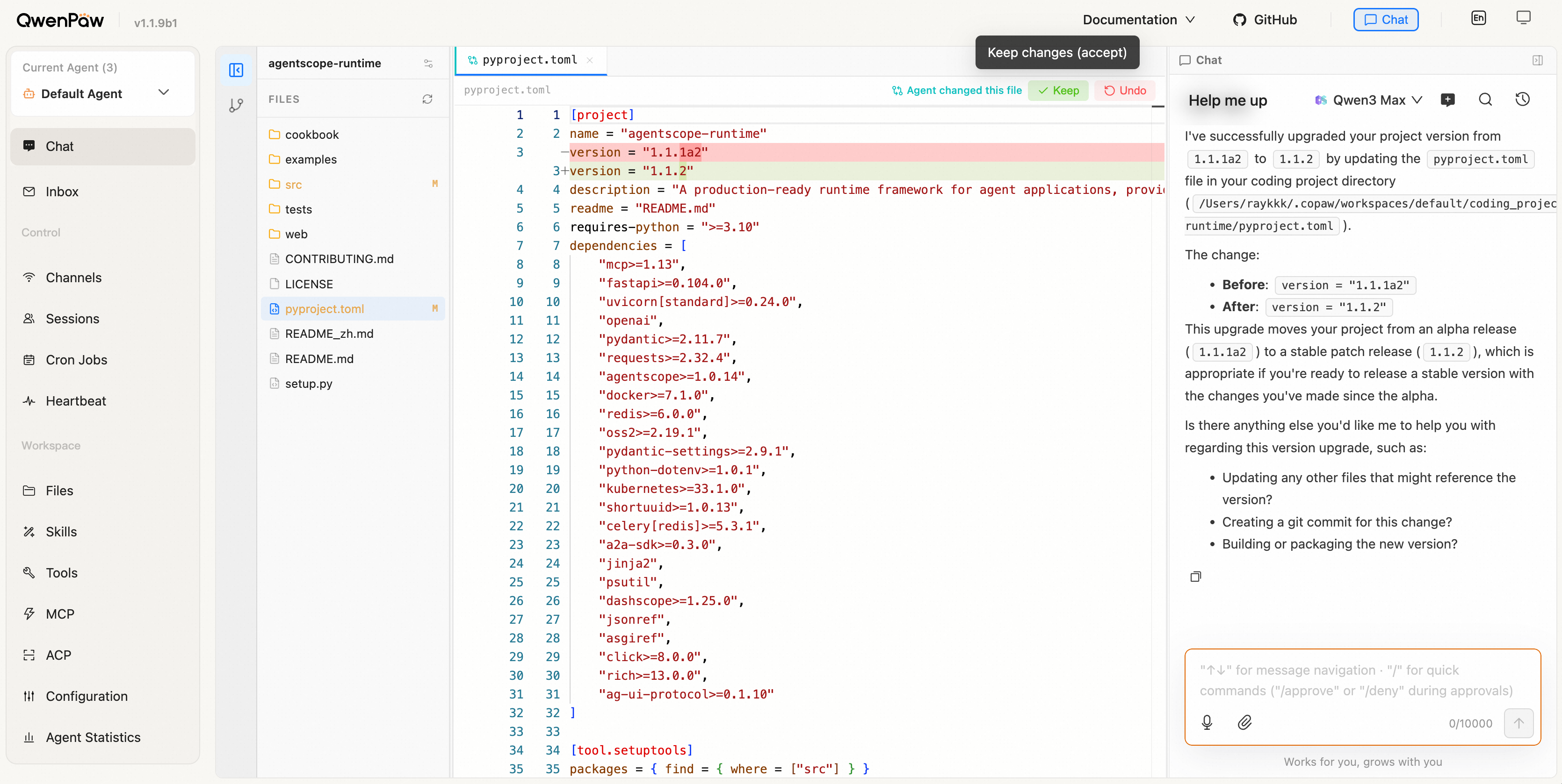 Coding Mode — three-panel IDE layout