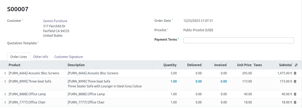 Sale Order Form Before