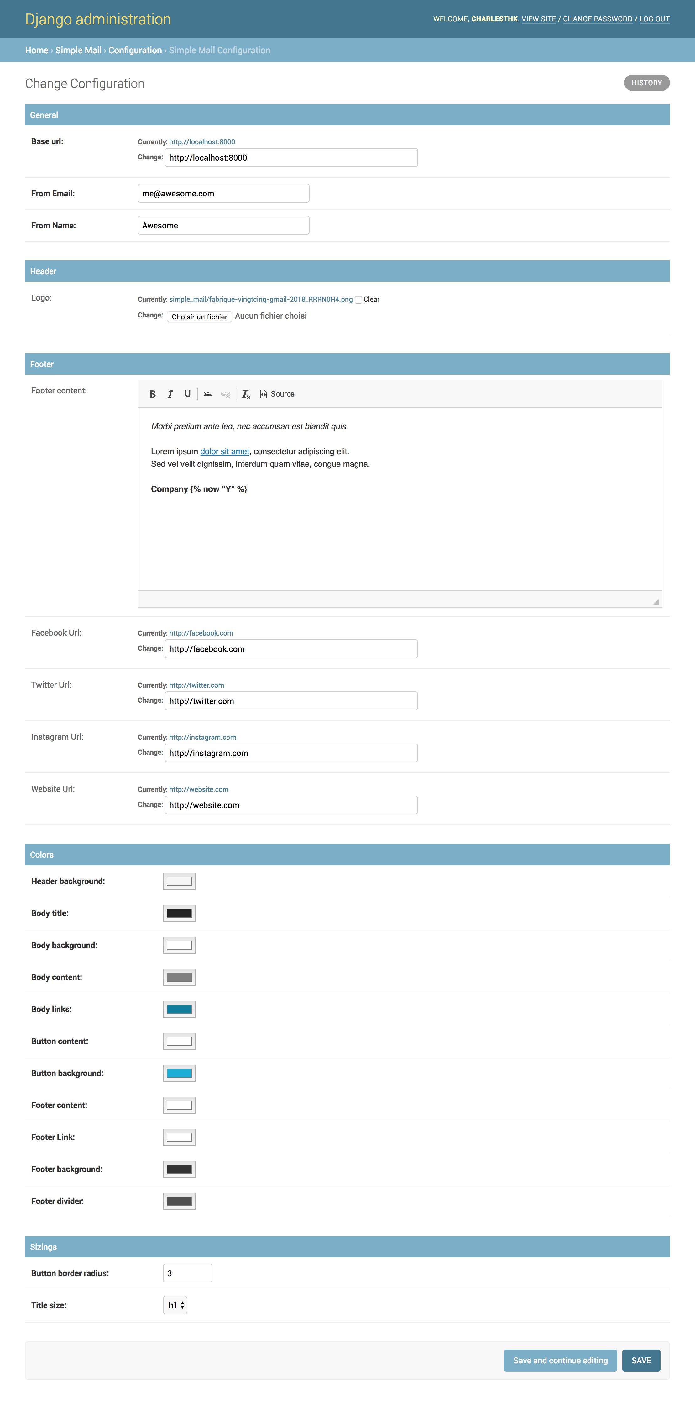 Admin mail configuration