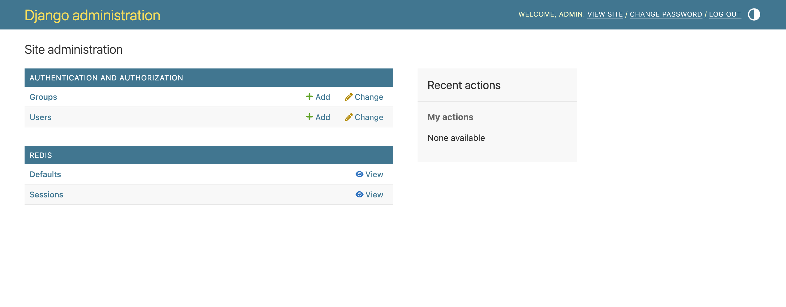 The Django admin index with a Redis section listing the Defaults and Sessions servers