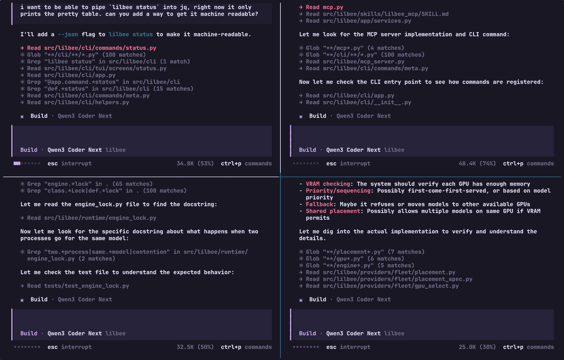 four agents at once on Qwen3 Coder Next, reading and searching this repository through lilbee