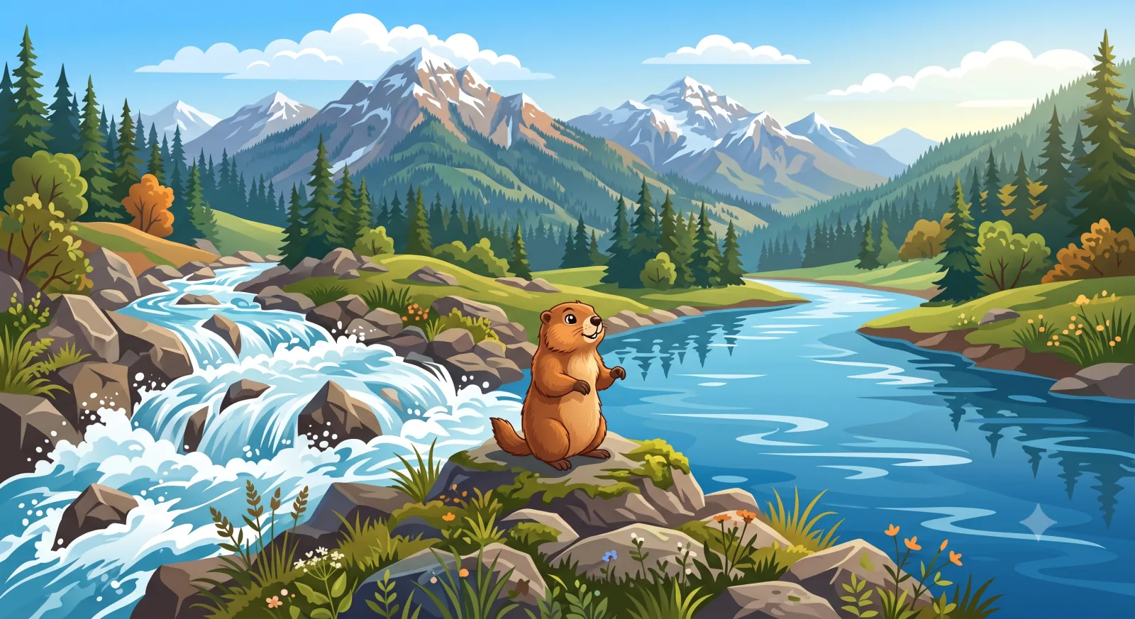 A marmot at a river confluence — rushing rapids on one side, deep calm water on the other — where fast and slow streams meet and each finds its path