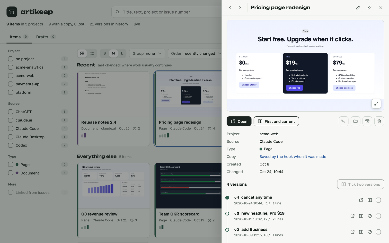 An item's panel: preview, where it came from, and its version history