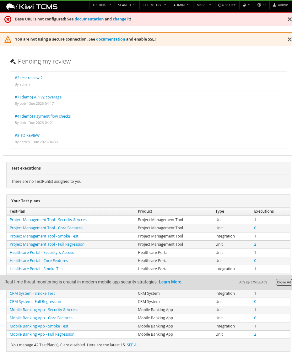 Dashboard with pending reviews