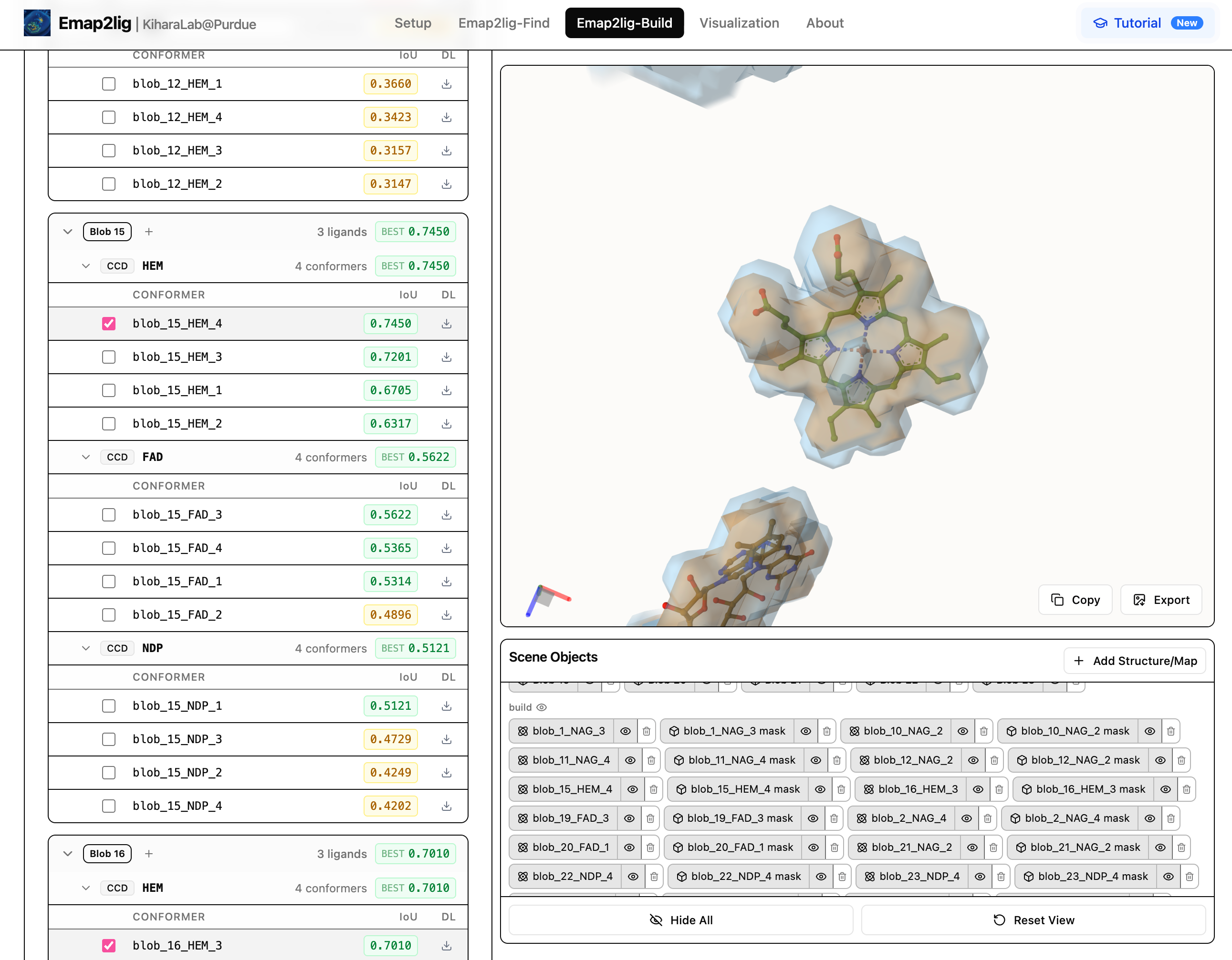 Emap2lig Web GUI: Emap2lig-Build tab with ligand assignment, results table, and Mol* viewer