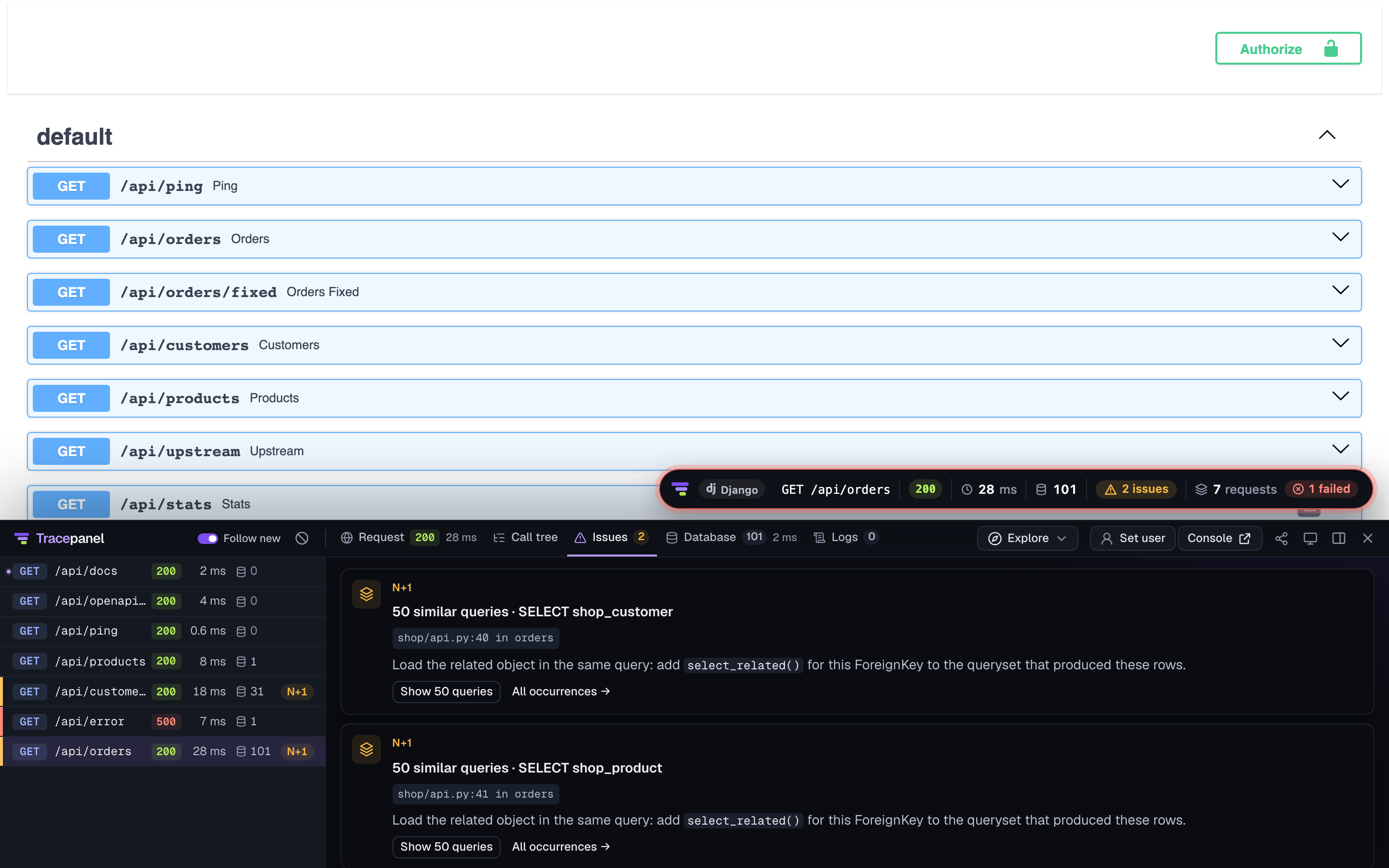 The Issues tab of an API request made from Swagger UI: an N+1 with where it comes from and the fix