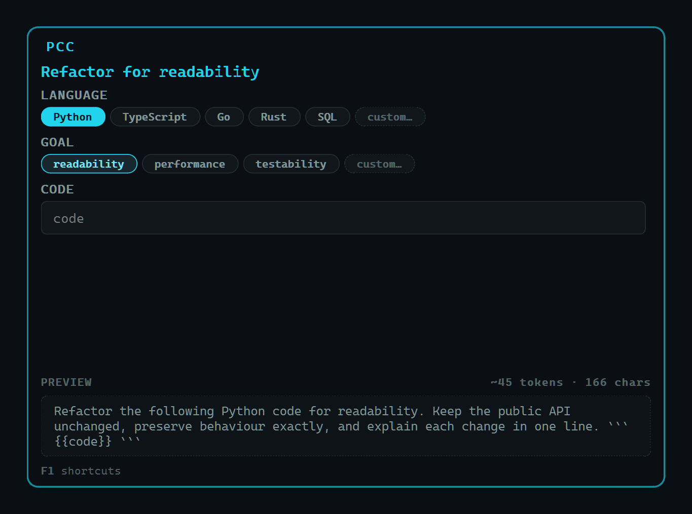 The fill panel: choice chips for language and goal, a code field, and a live preview.