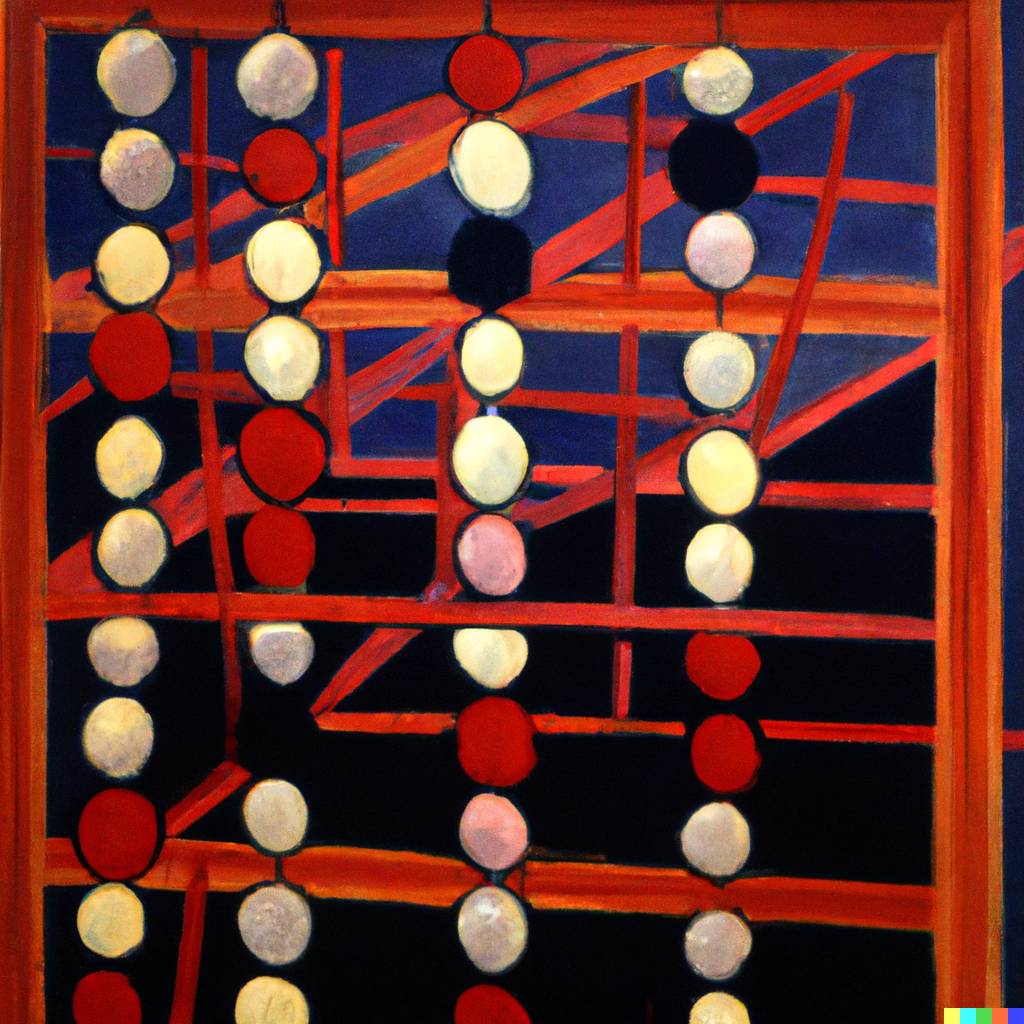 DALL·E 2023-03-17 09 21 56 - An oil painting by Matisse of a Bayesian network  Each node in the network is an abacus with red balls and a wooden frame