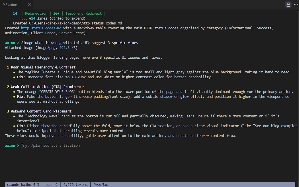 Axion analyzing a screenshot pasted via /image and returning structured UI feedback