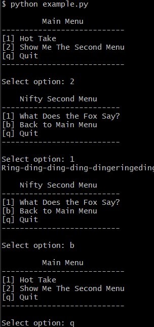 Screenshot of code output in the terminal. Displays a menu with an option to visit another menu. 