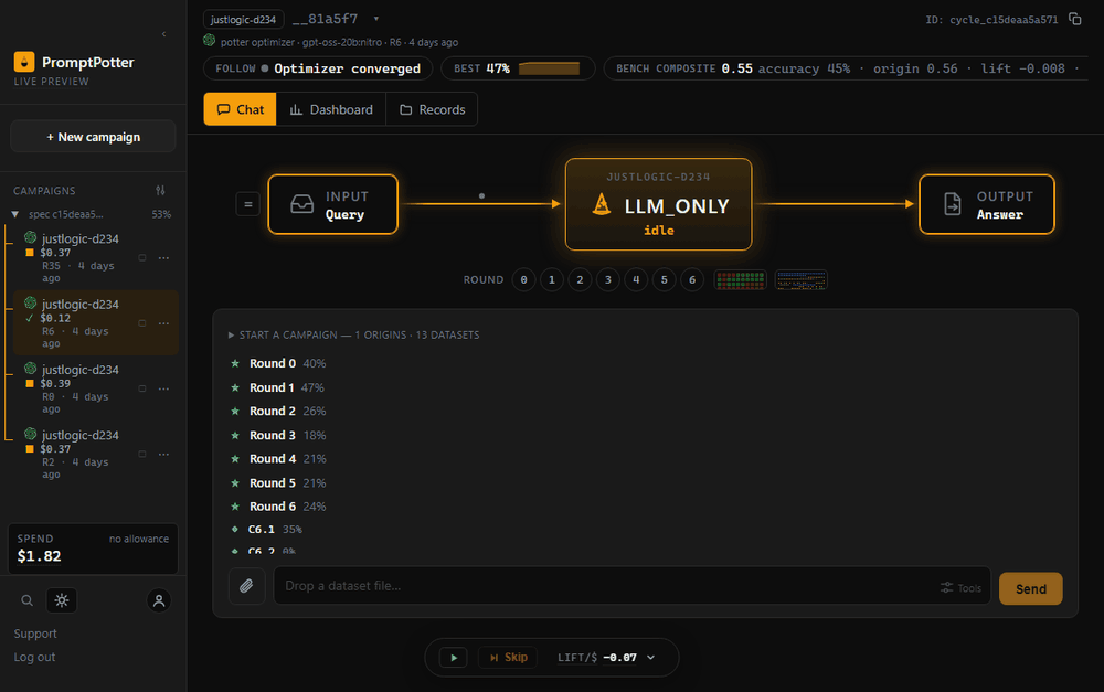 A walk through the app: the chat thread, the run card, the dashboard, the sample leaderboard, one opened cell